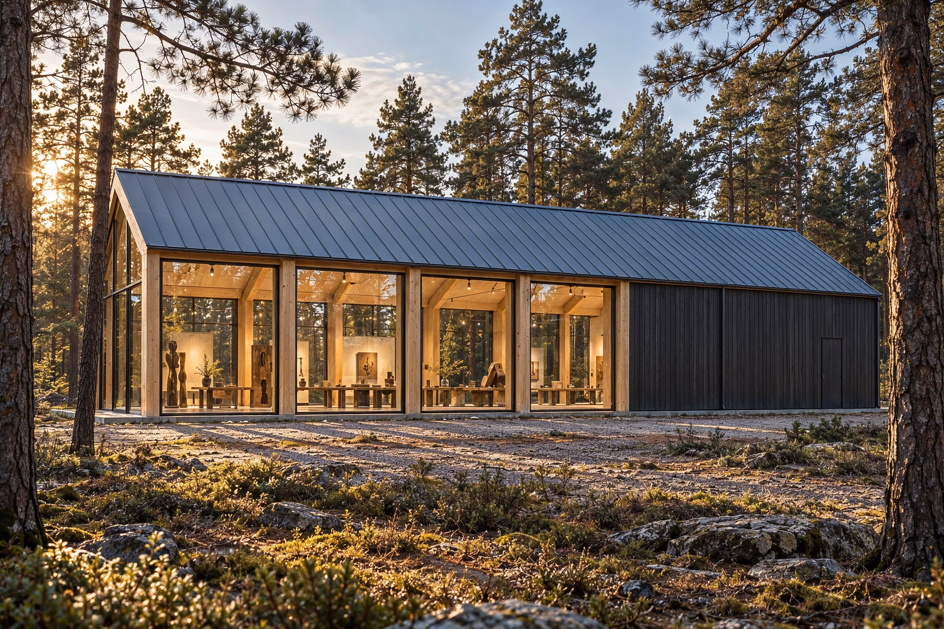Atelier des Pins — Late afternoon light crosses the four glazed bays and charcoal timber service end.