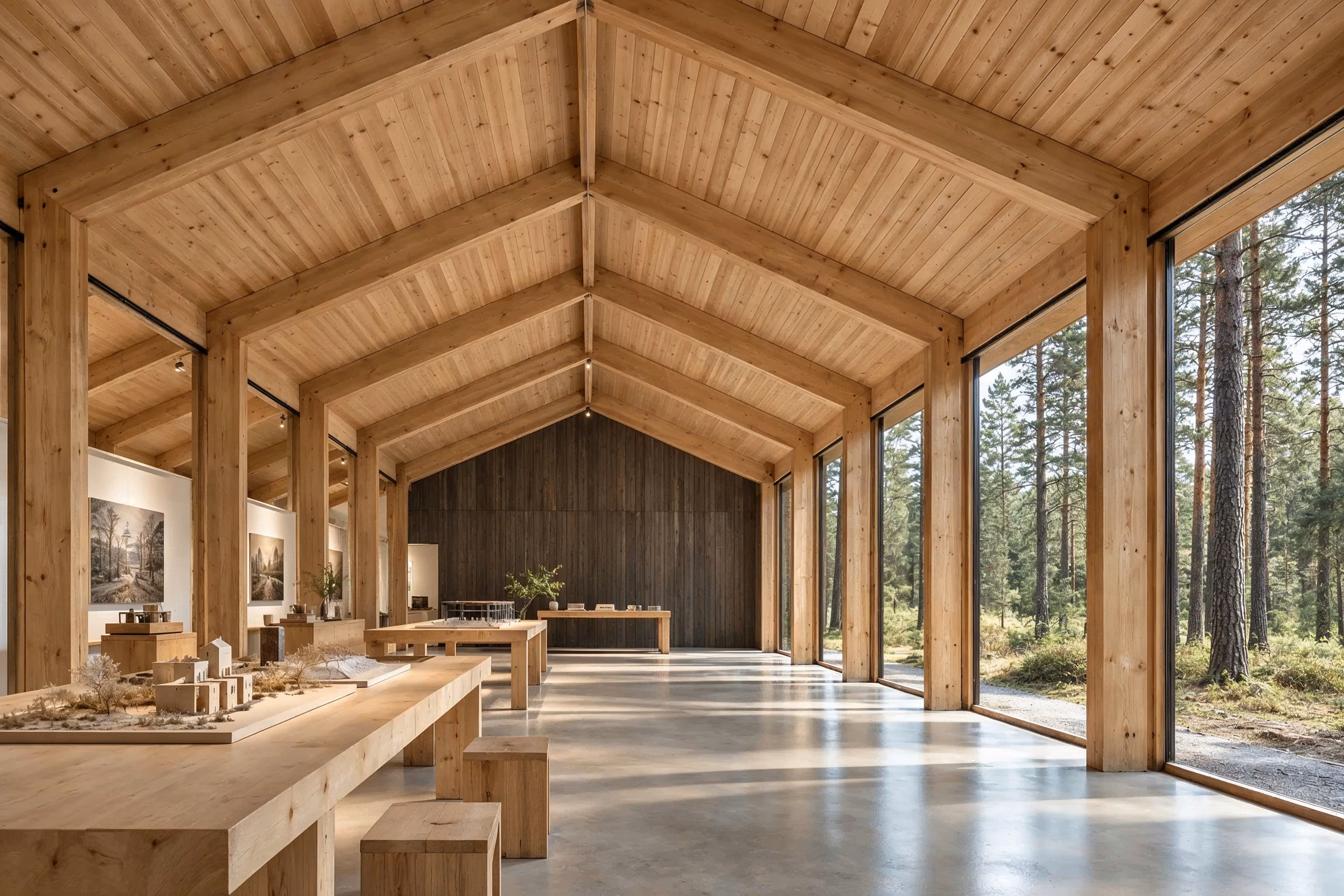 Atelier des Pins — Timber frames and shared worktables