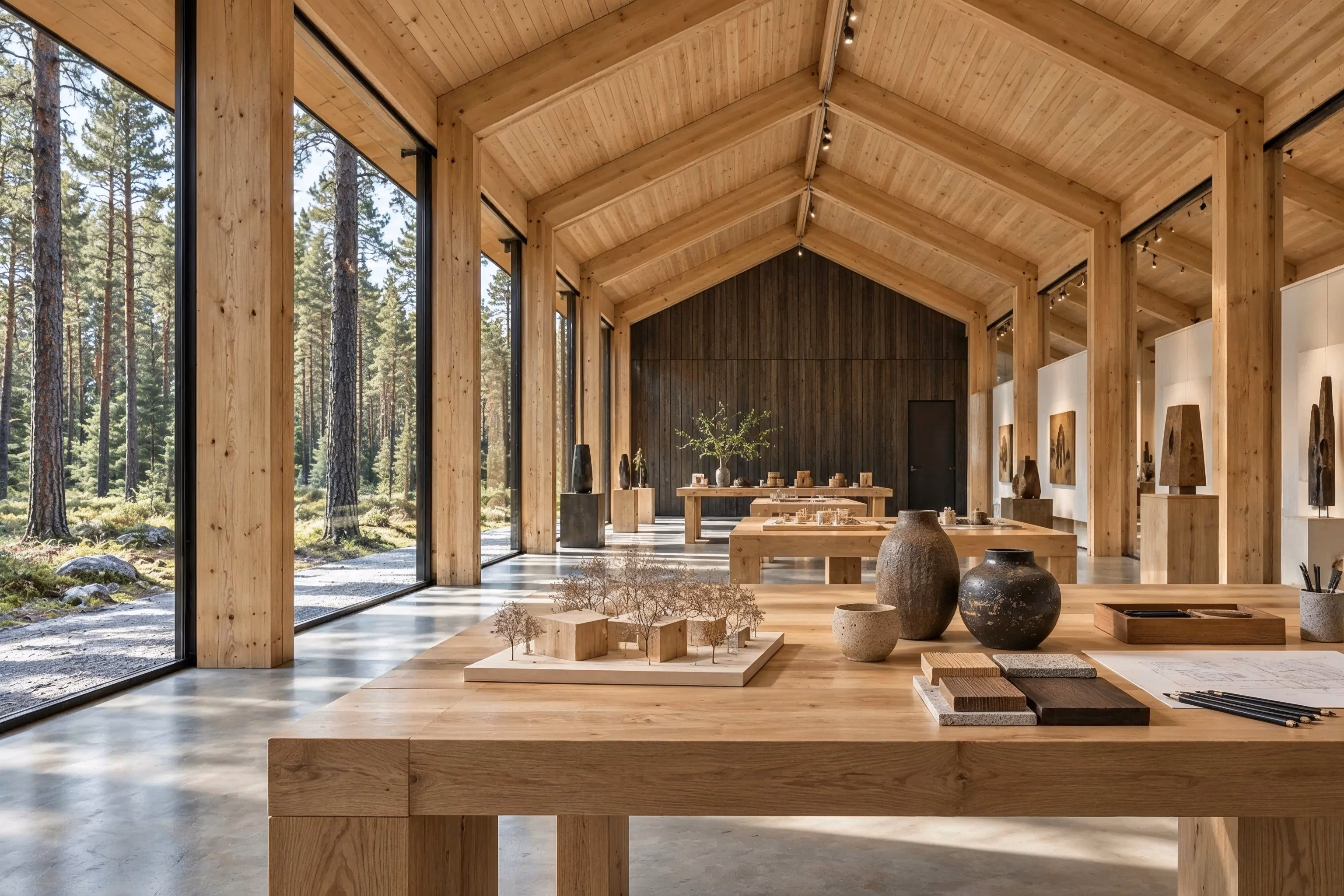 Atelier des Pins — Models, ceramics, and timber samples sit on an oak worktable beside the forest-facing glazing.