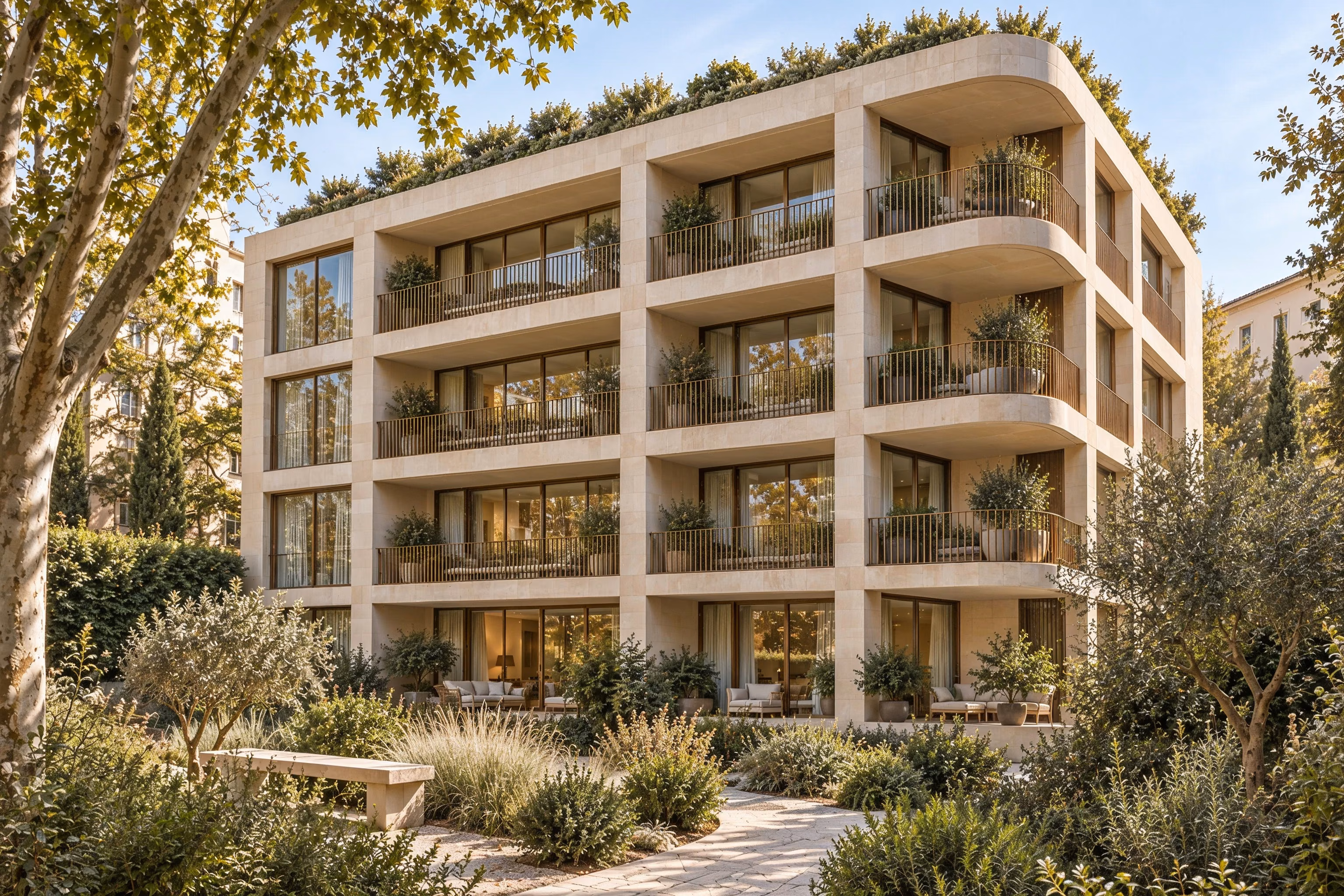 Résidence Sillage — Garden-facing loggias above a planted shared courtyard.