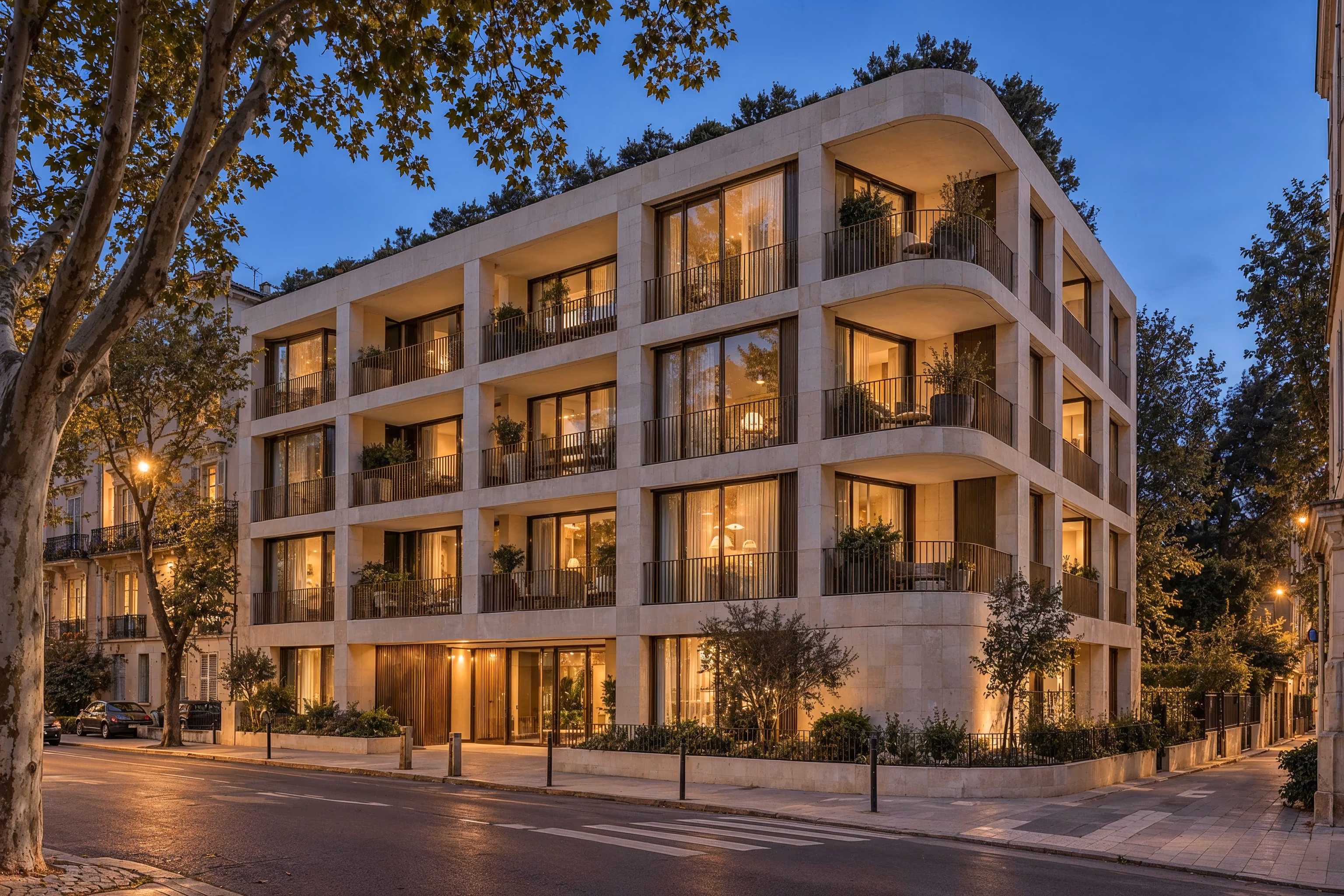 Résidence Sillage — The rounded street corner at twilight, with warm light behind bronze glazing.