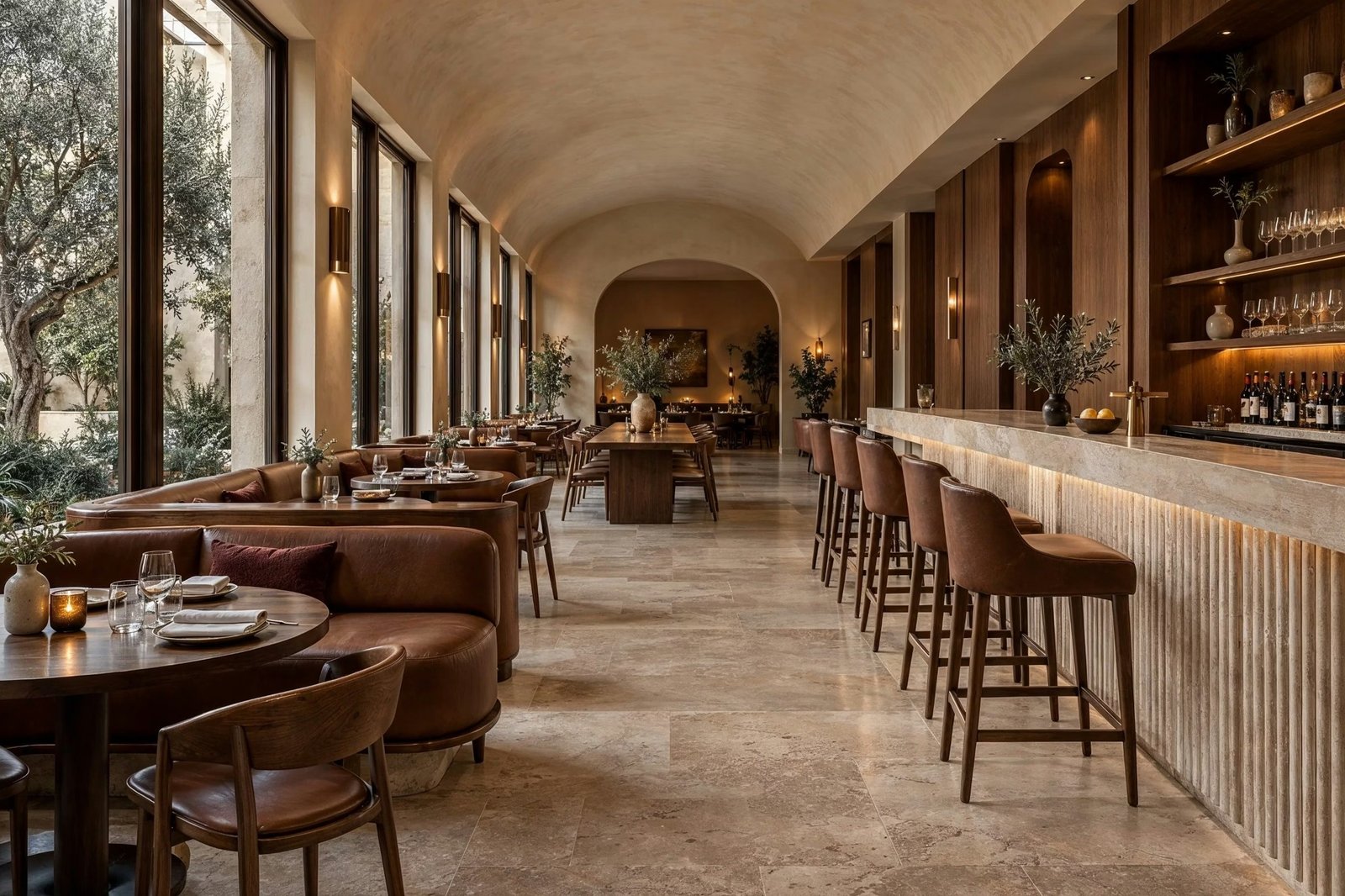 Ambra Restaurant — Main dining room with curved leather banquettes, courtyard windows and a fluted travertine bar.