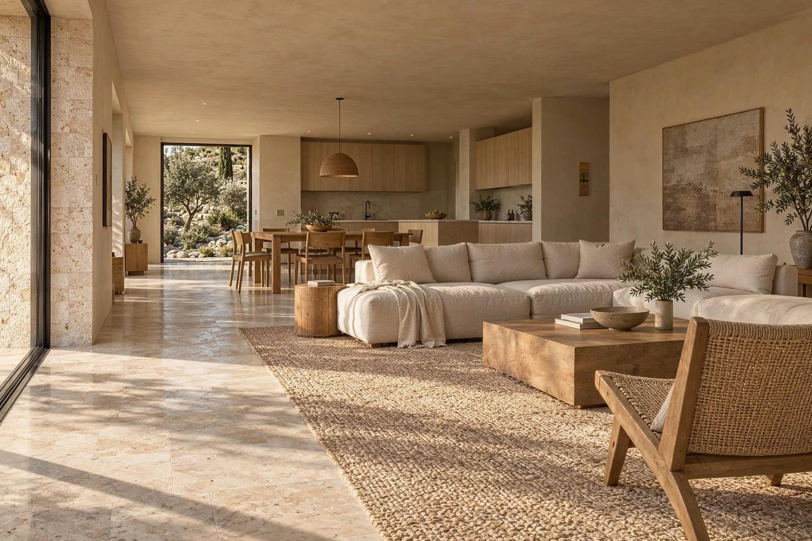 Littoral House — A reverse living-room view brings garden light across plaster, oak, and linen.